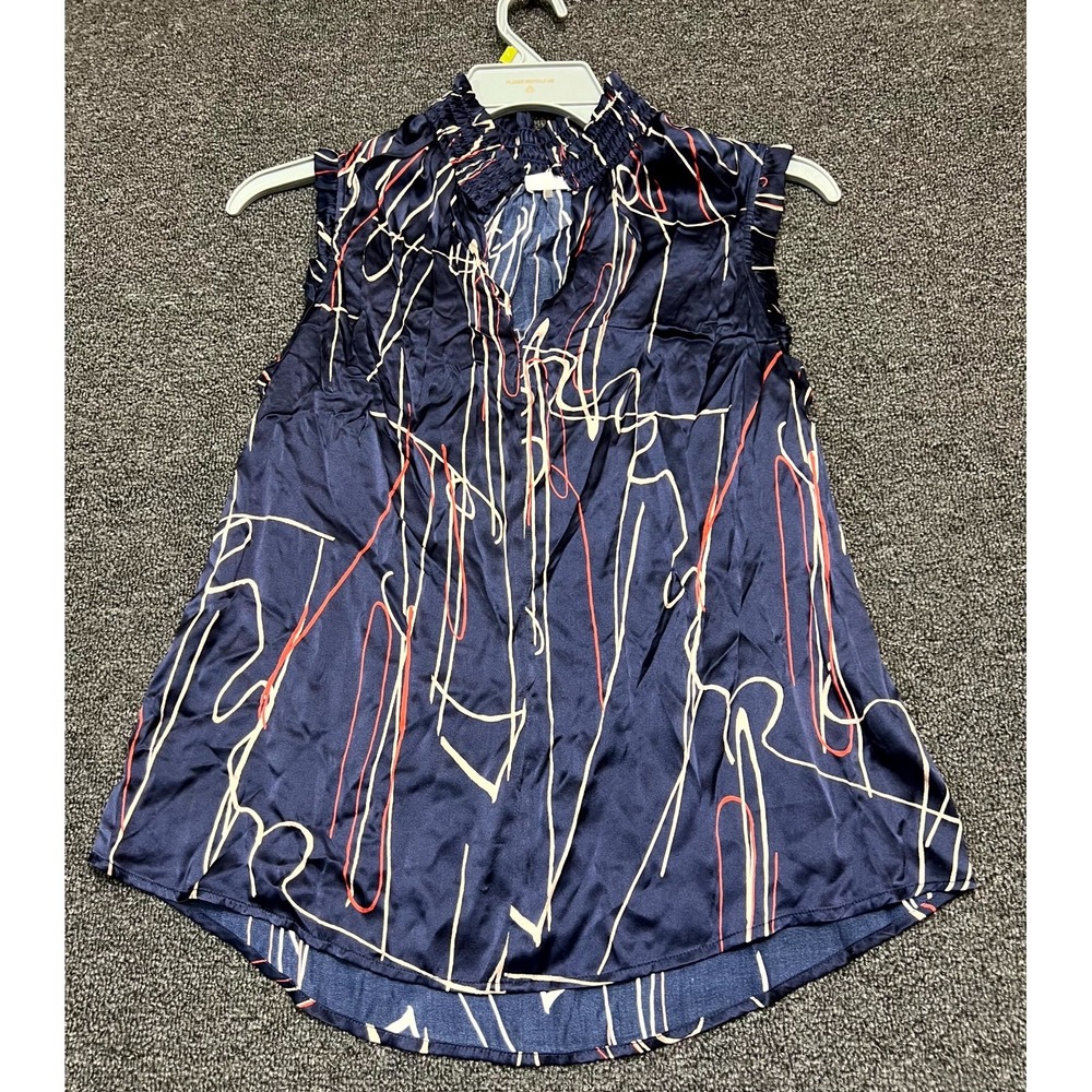 Ecru Blouse Top Womens Large Navy Abstract Print Curved Hem Smocked Ruffle Neck